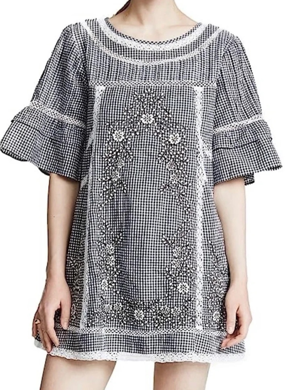 Free People Sunny Day Shirt Dress Gingham Floral Embroidery XS
